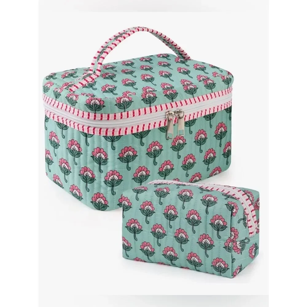 NEW Floral Quilted Cosmetic Train Case Set - Pink & Mint